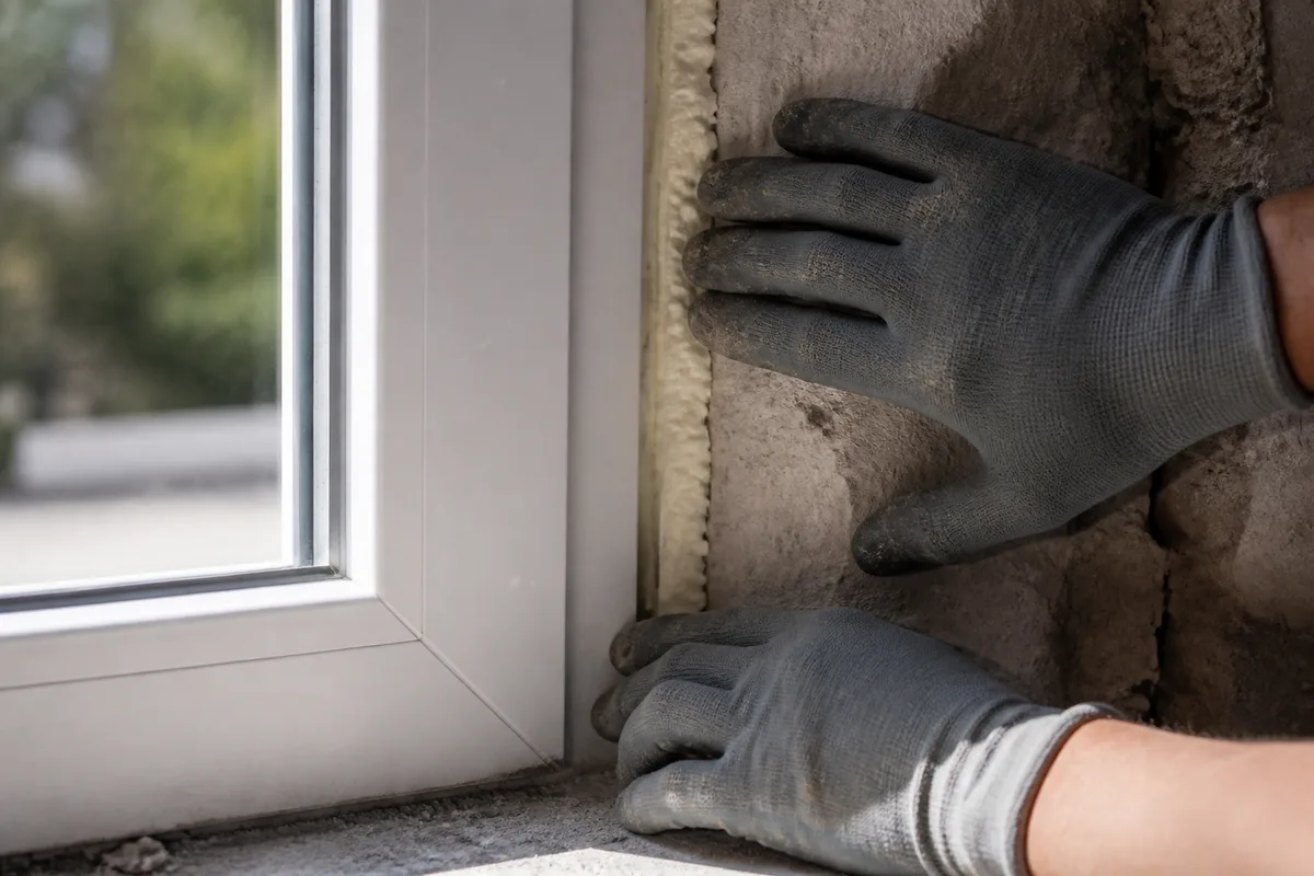 Mains gantées vérifiant le joint de calfeutrement entre un dormant de fenêtre PVC et la maçonnerie du tableau