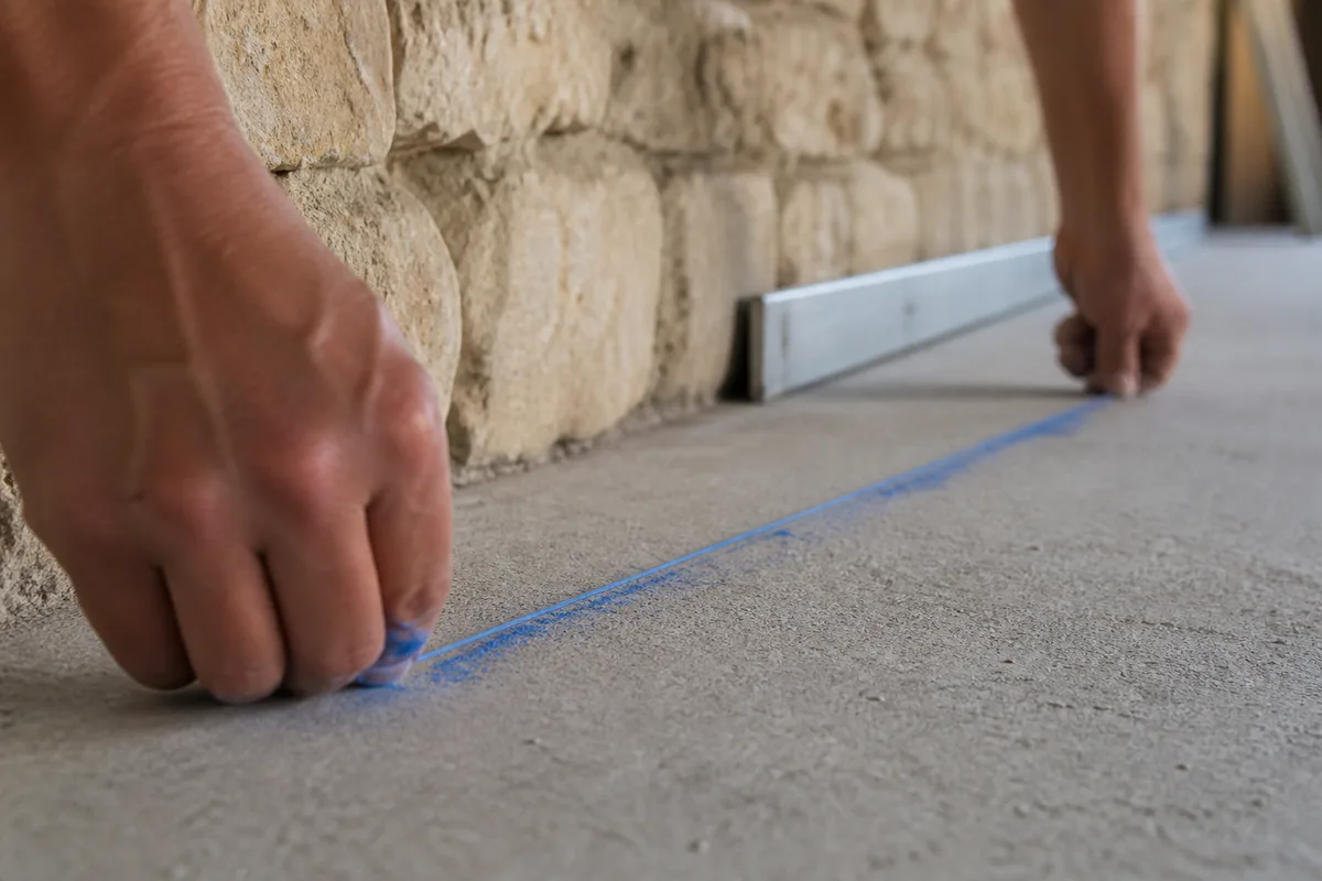 Traçage au cordeau bleu de la ligne de nu fini au sol le long d un mur de pierre en cours de rénovation