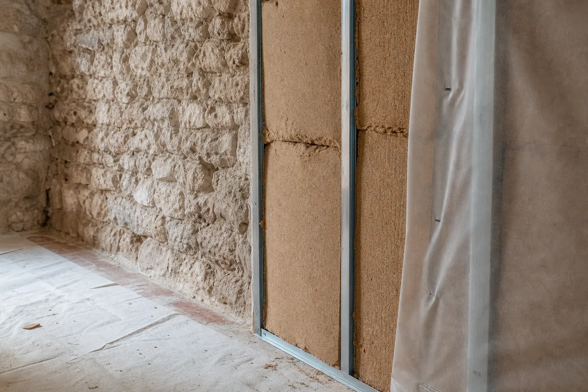 Mur en pierre ancien partiellement doublé, isolant et ossature visibles