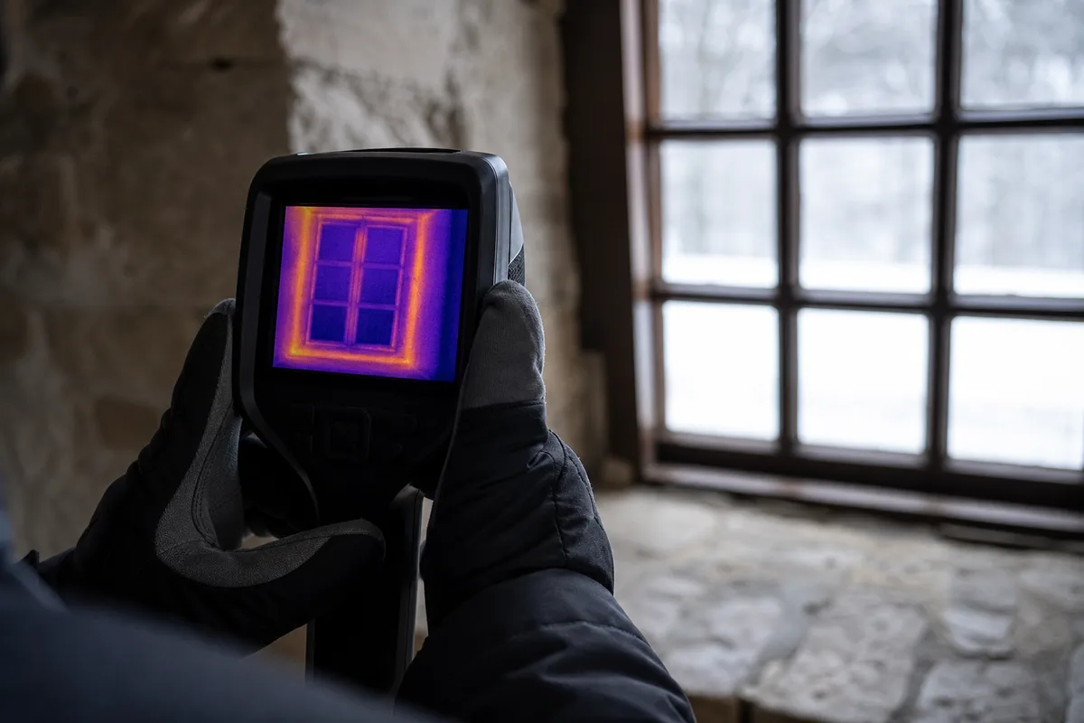 Thermographie infrarouge révélant les déperditions d’une façade ancienne