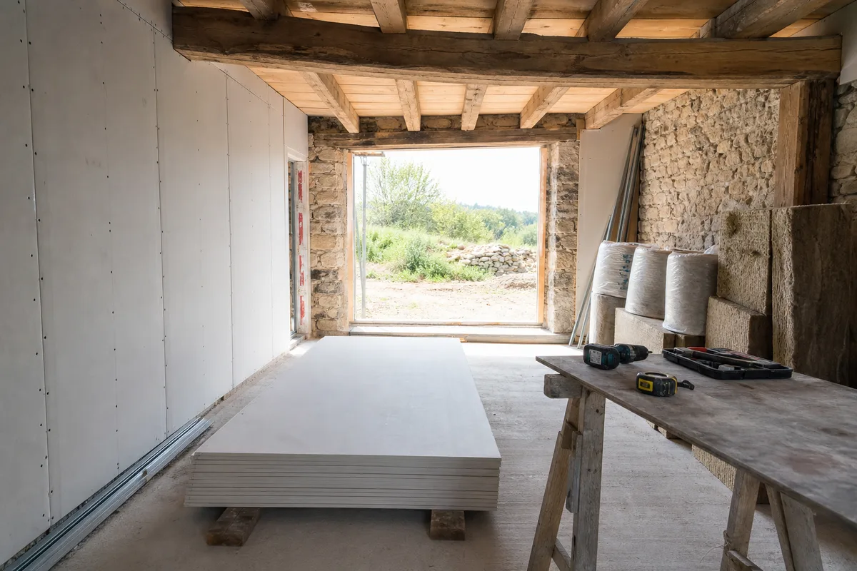 Chantier de rénovation énergétique avec doublage isolant en cours de pose